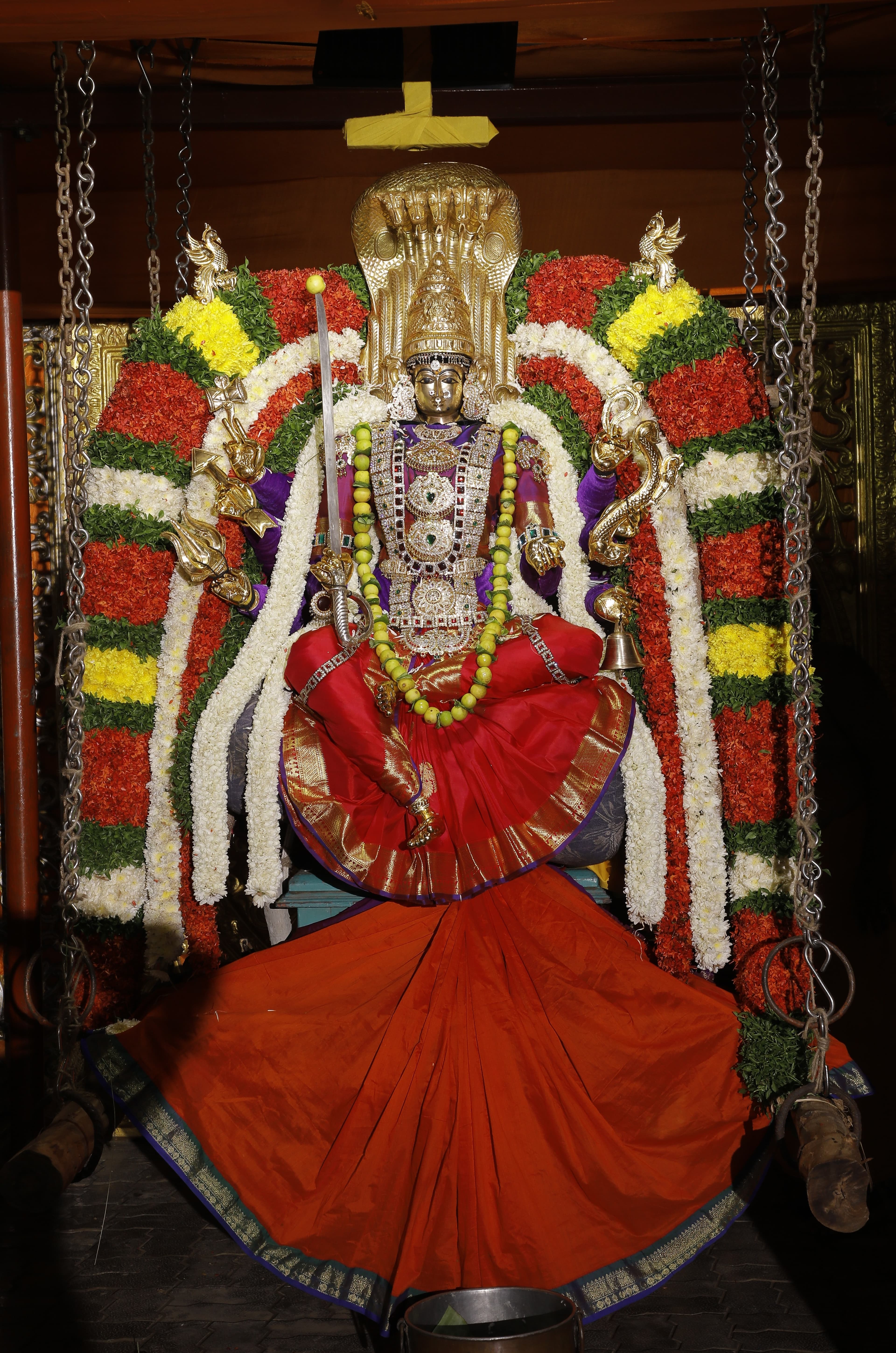 Every Pournami, Devi is seated on the Vunjal (swing) and gently swung back and forth in a loving ritual known as Vunjal Sevai.